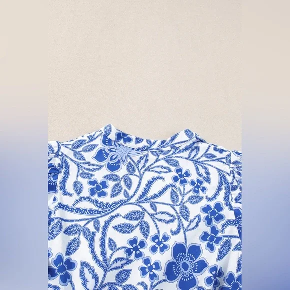 LOVESOFT Blue Flower Print Puff Sleeve Tiered Flowey Mini Dress - Picture 6 of 7